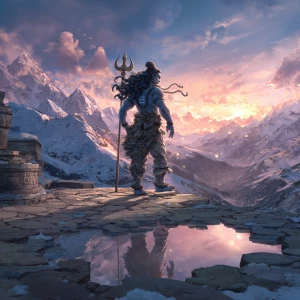 A majestic anime illustration of Lord Shiva standing on an ancie...