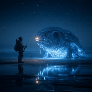 A cinematic photograph of an alien fishing in a surreal cosmic o...