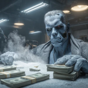 fan art of T-800 Smurf  setting behind a desk with white powder...