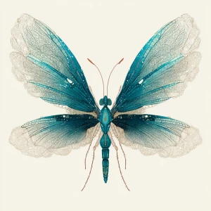Prompt: Fine lace-like wings, slim teal body; slight vintage tin...