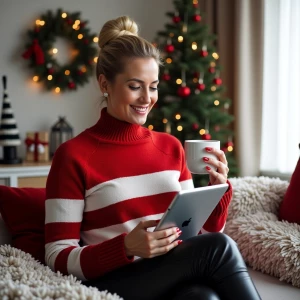 Create an image of a modern Mrs. Claus with a sleek updo, wearin...