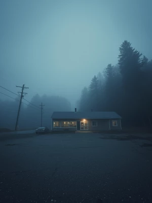 Wide establishing shot of an isolated clinic on the edge of a fo...