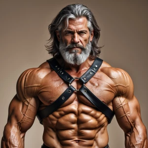 The image depicts a muscular, shirtless older man with a rugged,...