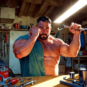 Create a stable diffusion for a handyman, working in a garage, b...