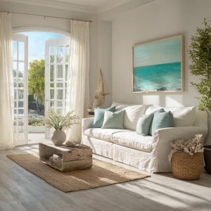 Create a bright and airy coastal living room interior featuring...