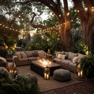 Create an outdoor living space featuring cozy sofas, a fire pit,...