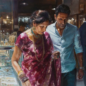realism,painting.a  mature gujarati mother in law in her 40s wea...