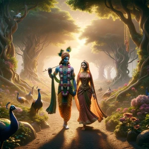 Full body photo of Radha and Krishna walking in Vrindavan garden...