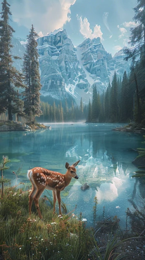young fawn standing beside a turquoise alpine lake in Banff Nati...