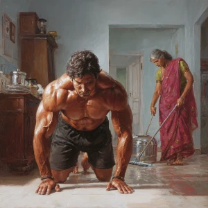 Hyperrealism painting  ,a indian  muscular beefy  sweaty man exe...