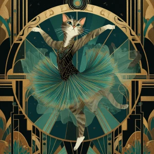 A cat dancing like a flapper with a flapper dress in an art deco...