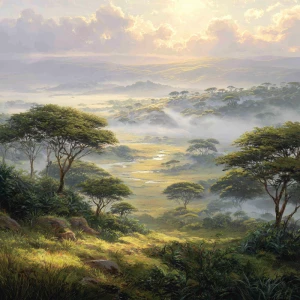Create an expansive African vista bathed in the soft glow of mor...