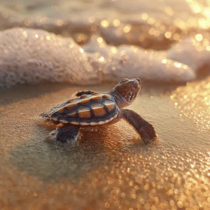 A happy Small Baby turtle heading into the surf and sun rays on...