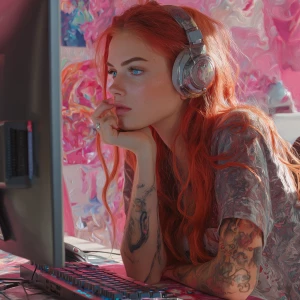 Generate an image of a supermodel woman with red hair and blue e...