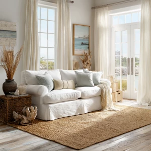 Generate a bright and airy editorial photograph of a coastal liv...