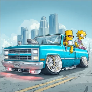 Digital art, cartoon style. A bright cyan, custom lowrider truck...