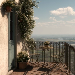 Create an image of an Italian balcony featuring a wrought iron r...