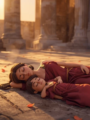 Stylized cartoon / Pixar-inspired scene, a deceased mother and h...