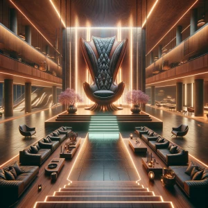 luxurious modern throne room lounge, zoomed-out wide angle shot...