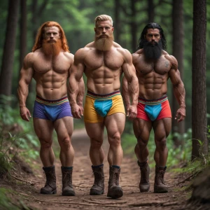Generate an image of three rugged, muscular men walking confiden...