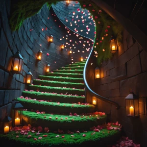 Velvet Moss Stairwell: A spiraling stone staircase winds upward...