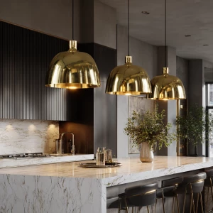 Create a sophisticated scene with elegant brass pendant lights s...