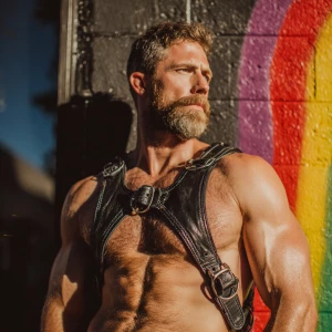 This is an outdoor photograph featuring a ginger muscular, adult...