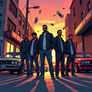 group of crypto degenerates standing on an urban street at sunse...