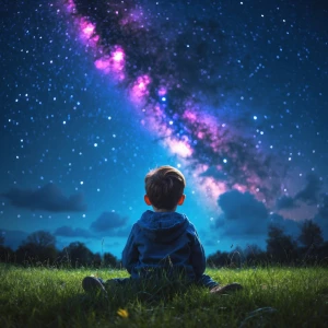 A boy sitting in grass ground in night and face to sky and sky i...