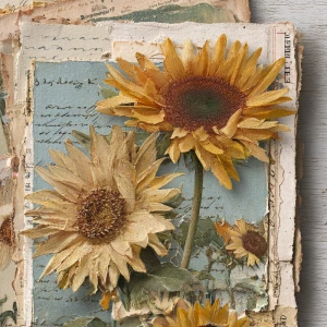 Vintage sunflower junk journal page, layered shabby papers with...