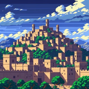 pixel art ancient town on sky background