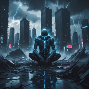 A sprawling, desolate cityscape rendered in a chiaroscuro style....