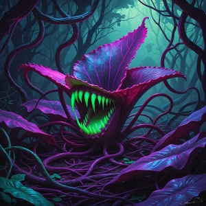 In a surreally glowing neon jungle, twisted vines and ominous co...