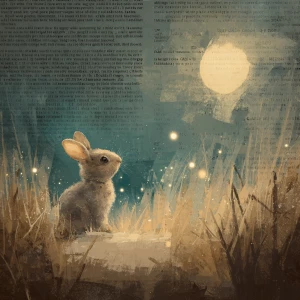 “baby rabbit (Noodle) entering a dreamy moonlit world imagined t...