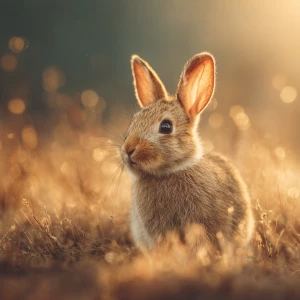 Create a serene scene with a baby rabbit peacefully sitting in t...
