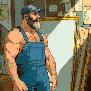 Generate an image of a muscular and hairy handyman without a shi...