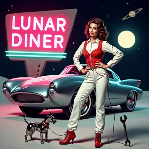 Create a vivid and detailed scene of a glamorous carhop astronau...