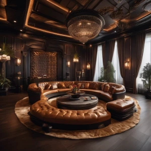 luxurious modern throne room lounge, wide corner shot from eleva...