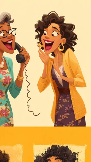 Generate a split-screen illustration featuring two lively carica...