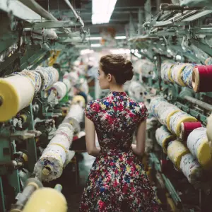 woman wearing a dress in a fabric manufacture facility