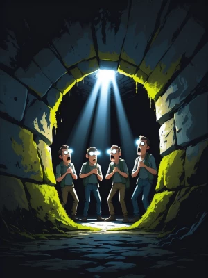 A cinematic, wide-angle shot of a group of urban explorers in a...