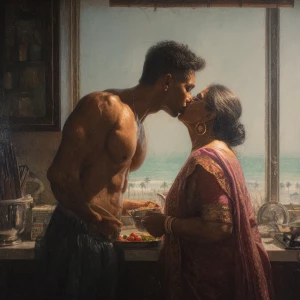 Hyperrealism,oil painting .a muscular sweaty indian  man  standi...