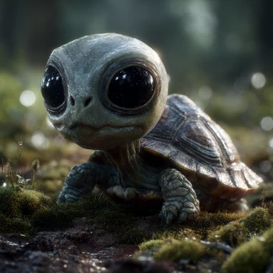 Generate a hyperrealistic image of a baby turtle with the head o...