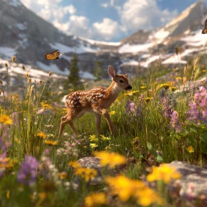 Baby fawn walking slowly through spring meadow, yellow and purpl...