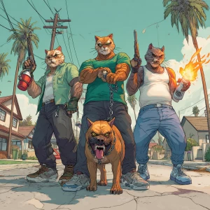 A humanoid cat with a muscular build, wearing a green shirt and...