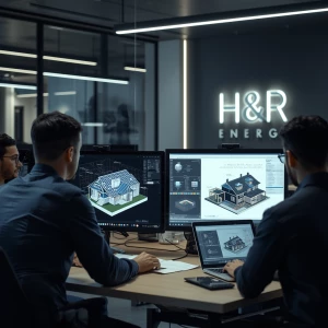 Inside a sleek modern office, engineers from H&R Energy review 3...