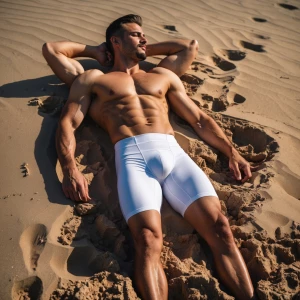 Man laying in the sand with skin tight white small compression s...