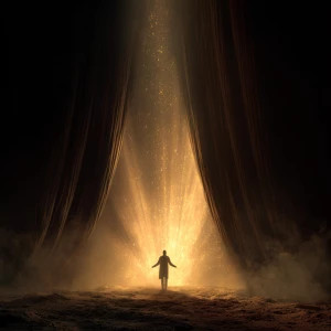 Cinematic inspirational scene of a lone figure standing before m...