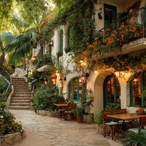 A charming Mediterranean-style café with cream-colored stucco wa...