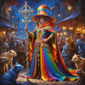 A fabulously eccentric enchanter with a swirling rainbow cloak s...